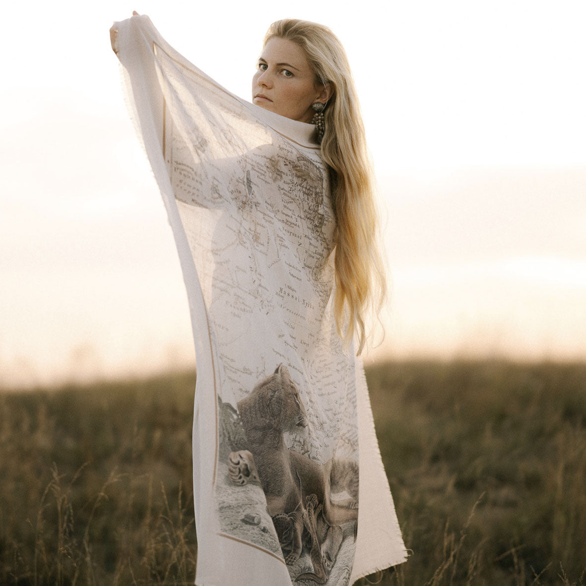 Maouli shawl wool and silk Neema girl in fields outdoor